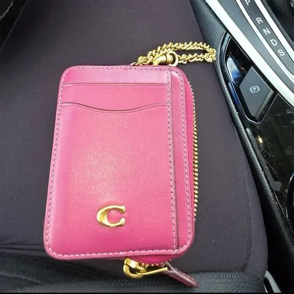 COACH Leather Cardholder Card Case Wallet w Chain AUTHENTIC
